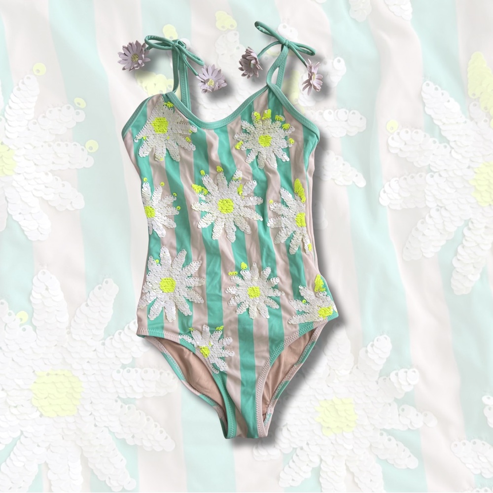 The Children's Place Green and White Striped Swimsuit